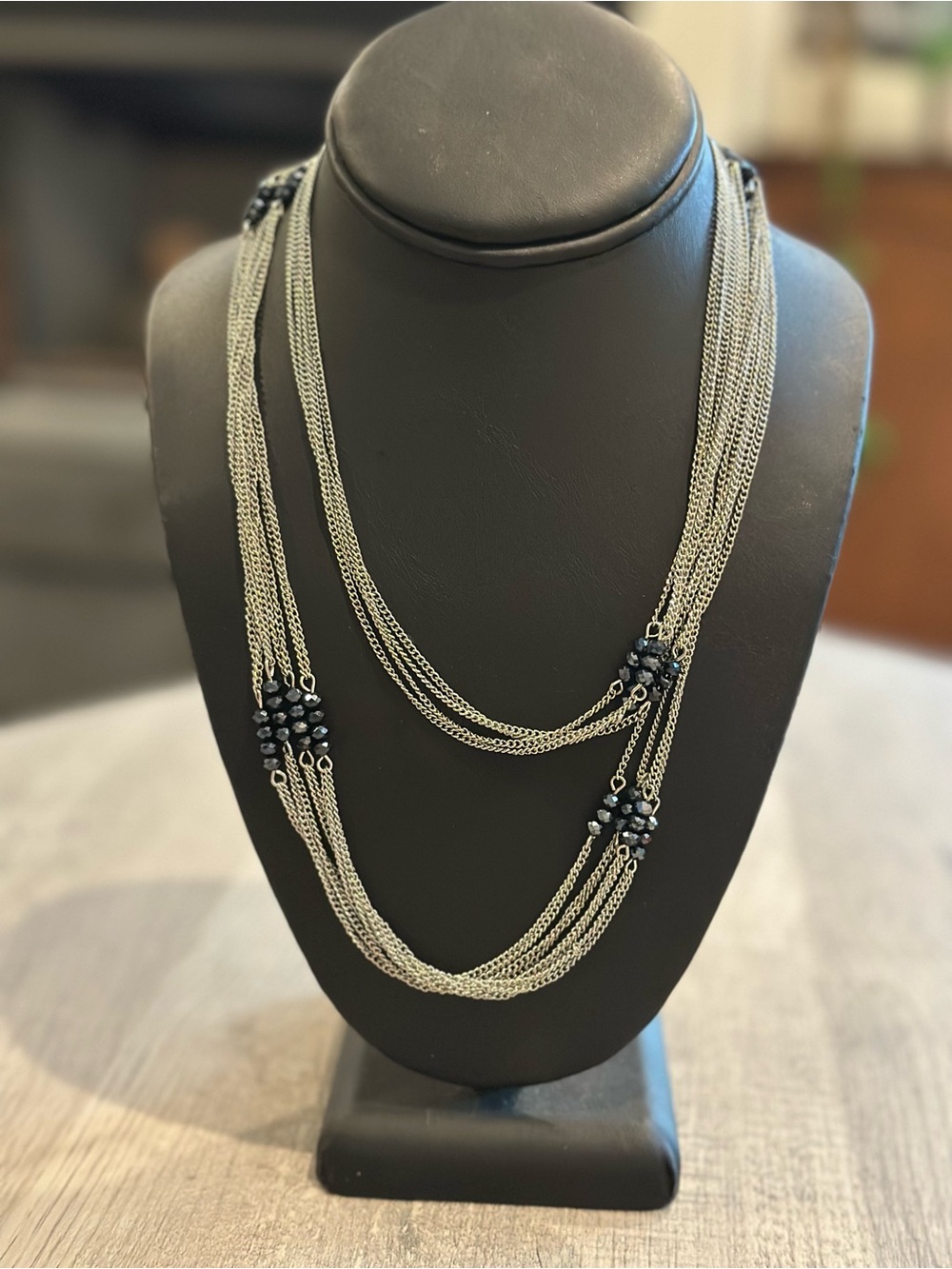 Silver Tone Multi Strand Chain Necklace Blue Faceted Crystal Beads Layered